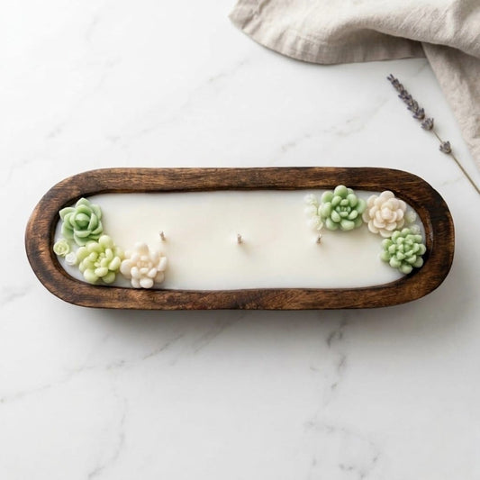 Personalized Succulent Dough Bowl Candle – 12x4 Custom Wooden Candle (Lavender Scent)