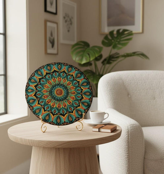 Original Hand-Painted Dot Art Mandala | 8 Inch, Olive Green | with gold metal Stand