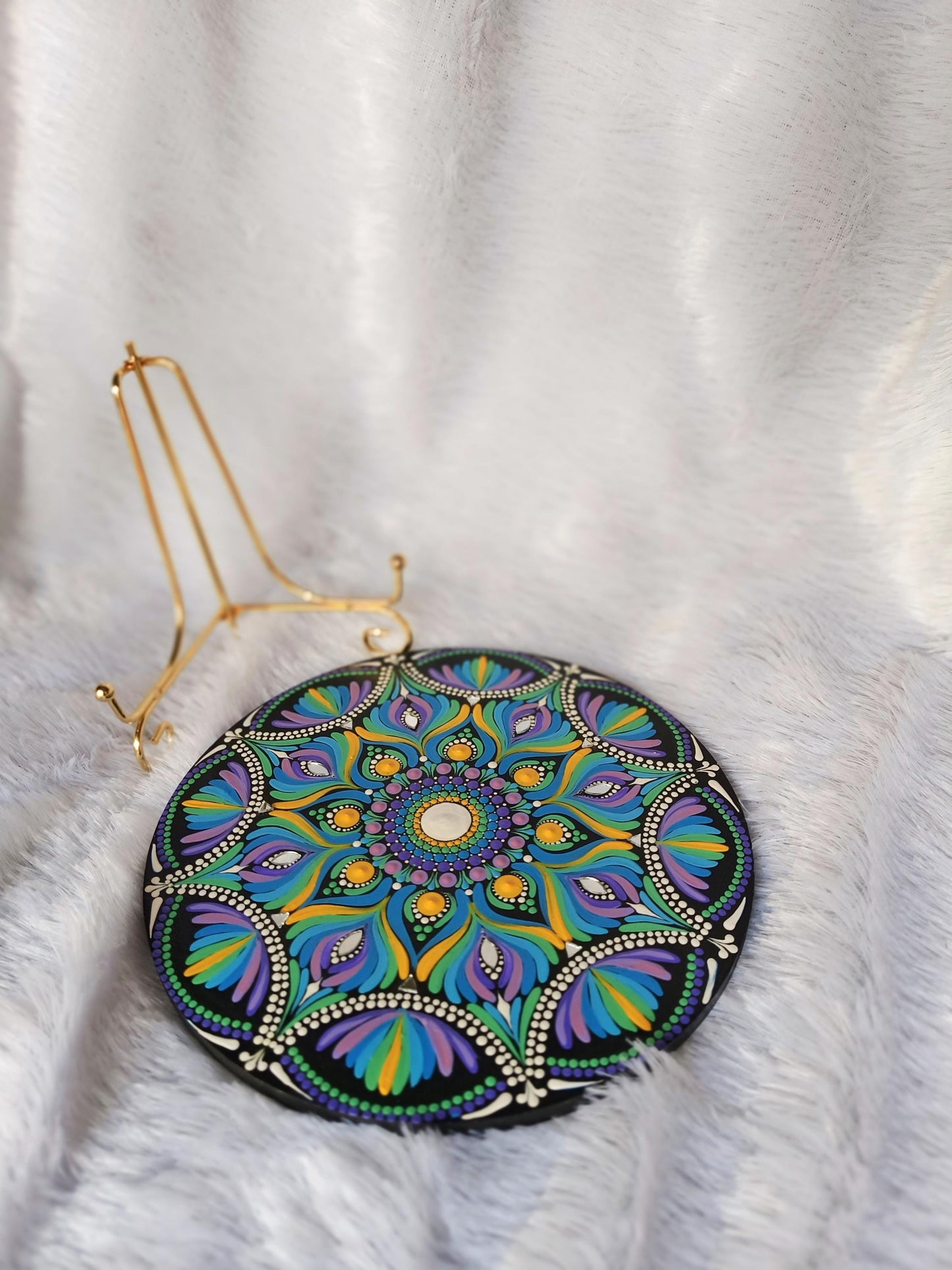 Original Hand-painted Dot Mandala Painting | 8-Inch Purple Blue Yellow Boho Decor with gold metal stand - Table Centerpiece