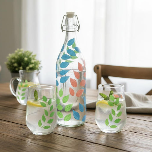 Handpainted Leafy pattern Glassware Set | Bottle and Tumblers, Gift set