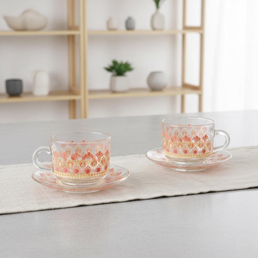 Hand-Painted Floral tea cups, Dot Art Mandala Tea Cups with Saucers, Unique Boho Kitchen Decor, Set of 2