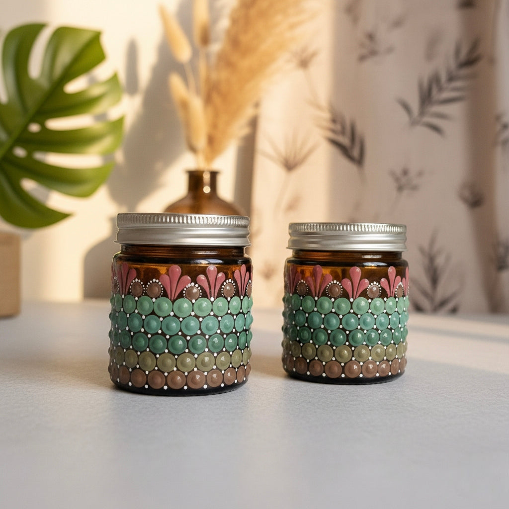 Hand-Painted Mandala Dot Art Scented Candle - Amber Glass, Soy Wax