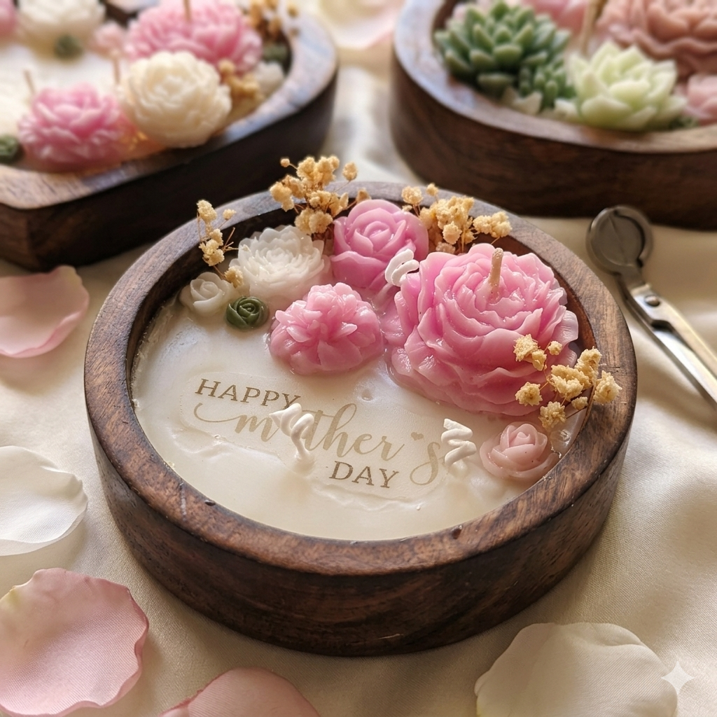 Handmade Wooden Dough Bowl Candle with Floral Embellishment - Personalized message candle - lavender fragrance