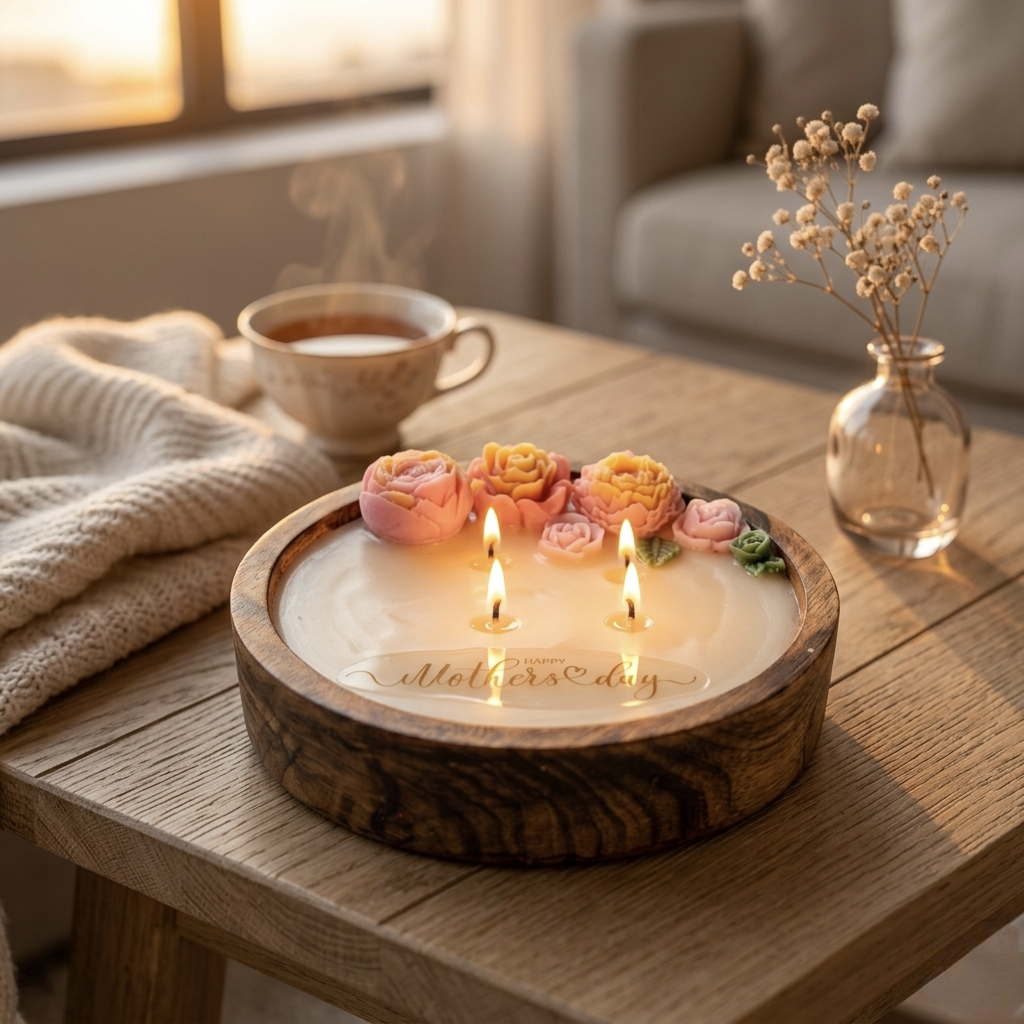 Handmade Wooden Dough Bowl Candle with Floral Embellishments (6 inches) - Lavender scented candle