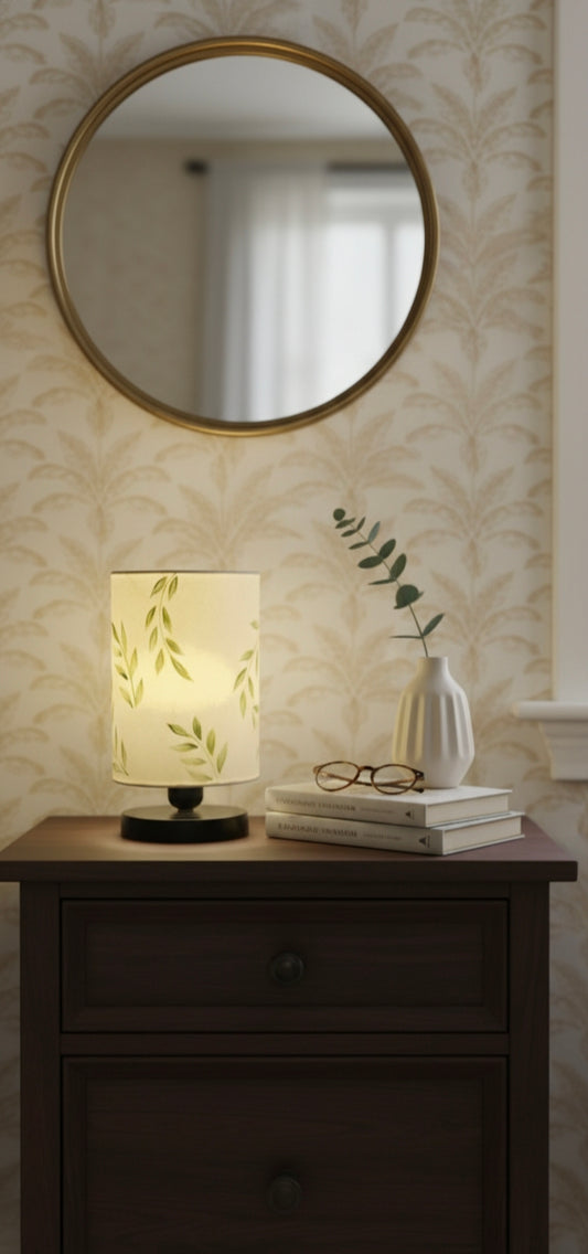 Hand-Painted Table Lamp Shade | Artisan leafy pattern Desk Lamp
