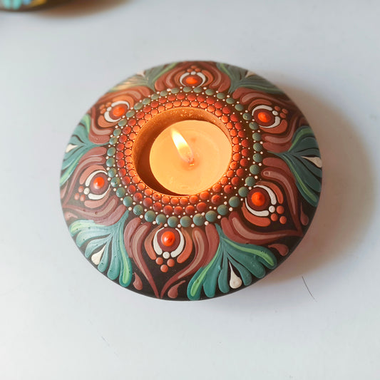 Hand-Painted Mandala Brown and Green T-Light Holder – Colorful Dot Art Candle Holder for Home Decor & Gifting