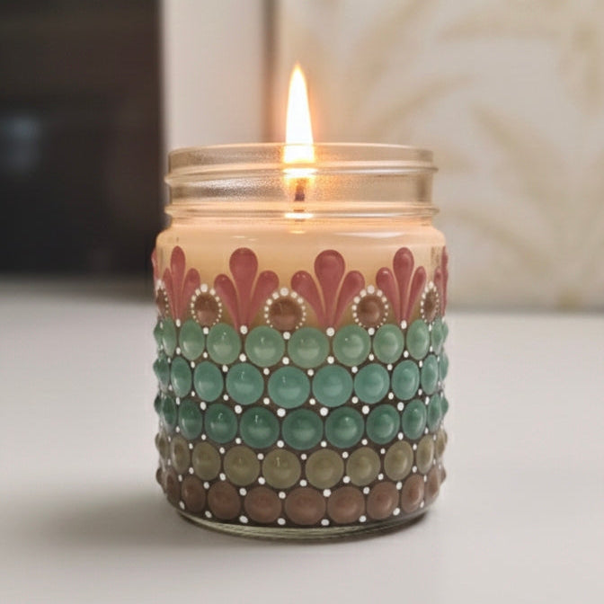 Hand-Painted Mandala Dot Art Scented Candle - Glass Jar , Soy Wax | Set of 2
