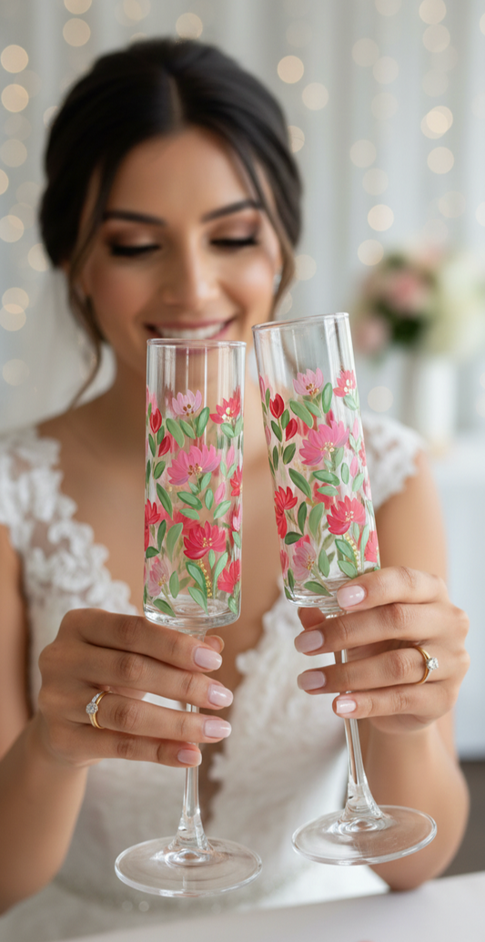 Hand-Painted Floral Champagne Flutes | Personalized Wedding Gift | Gift for couple| Set of 2