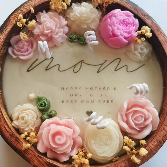 Handmade Mother’s Day Candle – 6" Wooden Dough Bowl Candle with 3D Floral Dough Art – Lavender Scented – "Happy mother's day to the Best Mom Ever" Personalized Gift for Her