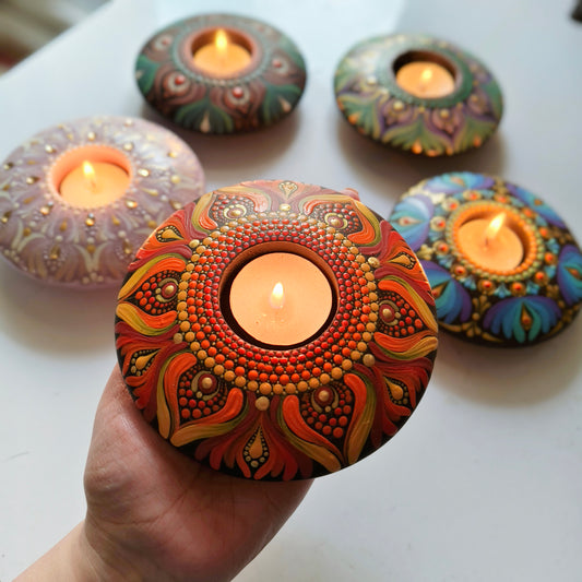 Hand-Painted Mandala Purple and Green T-Light Holder – Colorful Dot Art Candle Holder for Home Decor & Gifting