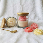 Blooming artdcor Rose Shaped Candle in Glass Jar with Wooden Lid, Peach and Pink, Medium, Handmade Floral, Indoor Home Decor