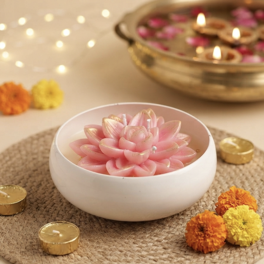 White Urli Pink Lotus Soy Candle (4.5") | Diwali Festive Gift