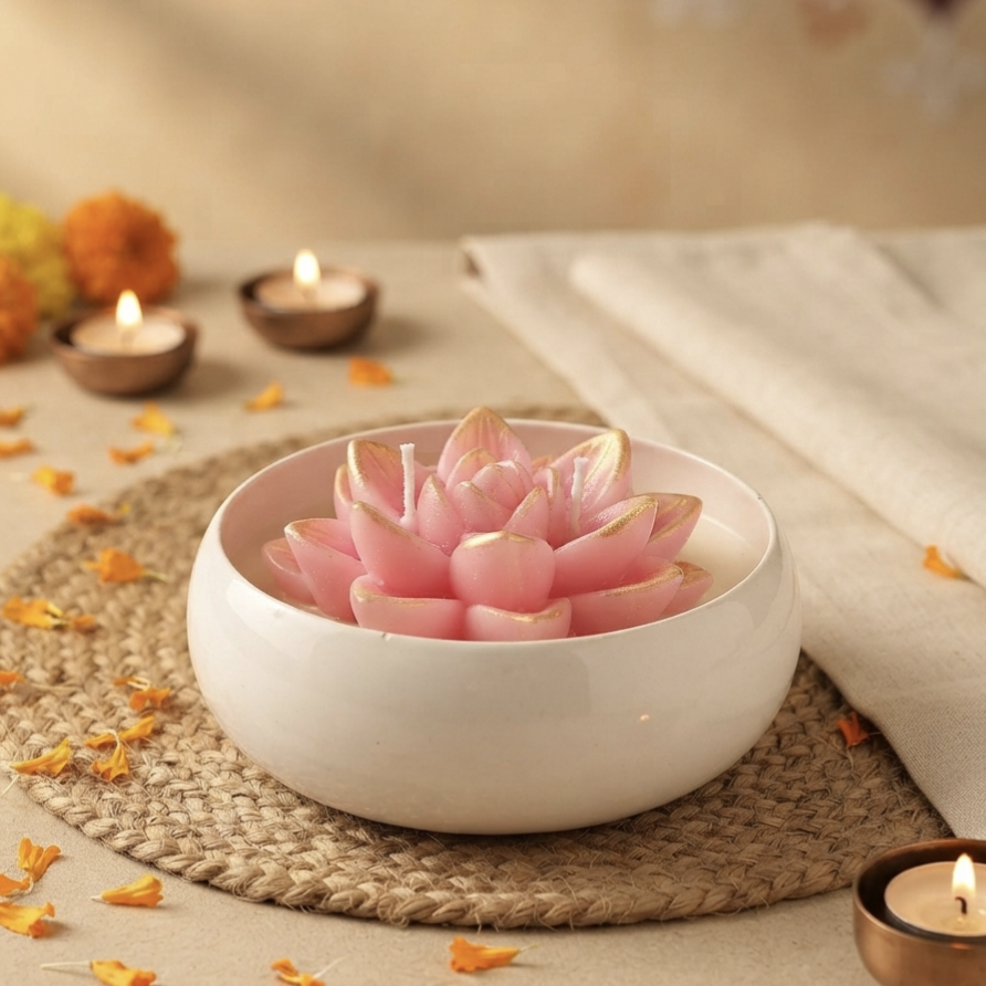 White Urli Pink Lotus Soy Candle (4.5") | Diwali Festive Gift