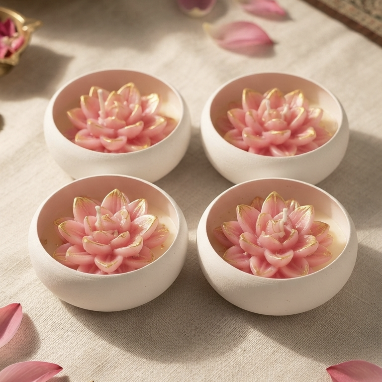 White Urli Pink Lotus Soy Candle (4.5") | Diwali Festive Gift
