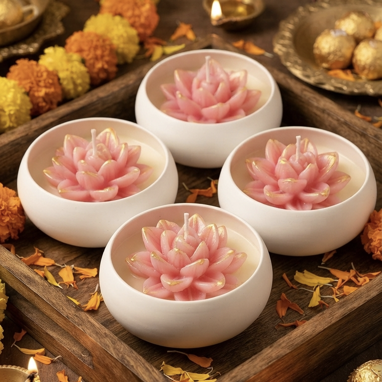 White Urli Pink Lotus Soy Candle (4.5") | Diwali Festive Gift