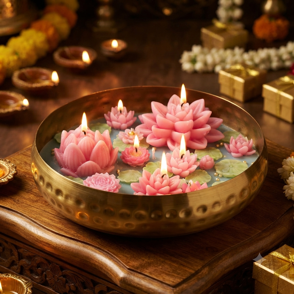 Large Lotus Urli Soy Wax Candle | Festive Diwali Decor & Gifting