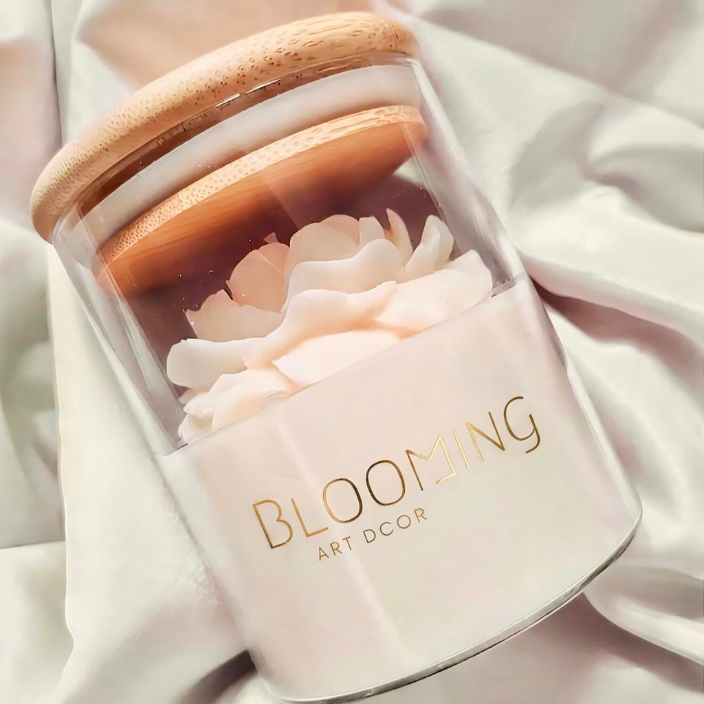Blooming artdcor Rose Shaped Candle in Glass Jar with Wooden Lid, Peach and Pink, Medium, Handmade Floral, Indoor Home Decor