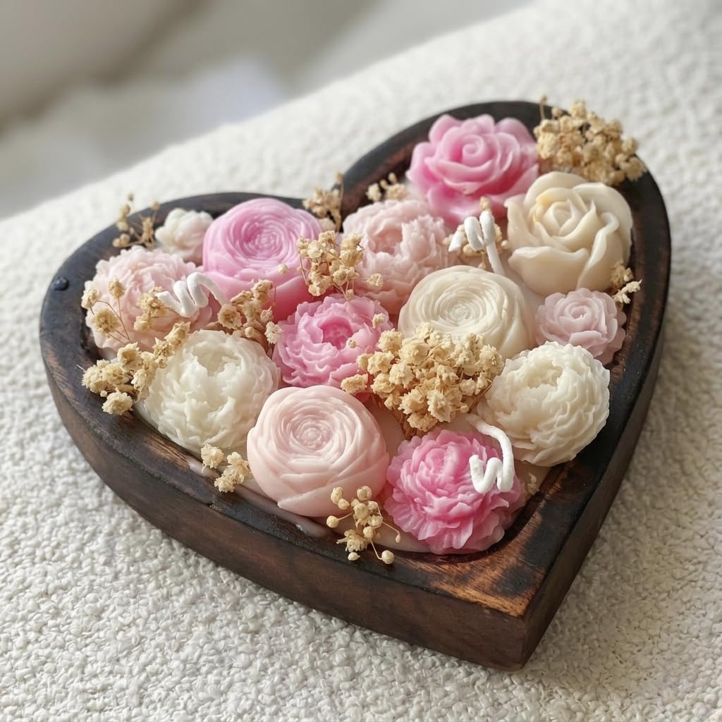 Heart Shape Wooden Dough Bowl Candle with Floral Embellishments, Pink and White, Scented Gift for Mothers Day