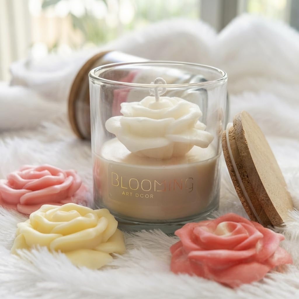 Blooming artdcor Rose Shaped Candle in Glass Jar with Wooden Lid, Peach and Pink, Medium, Handmade Floral, Indoor Home Decor