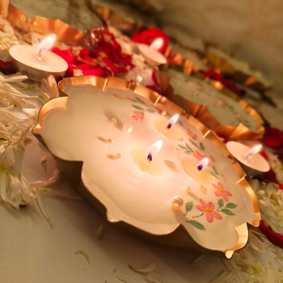 Hand-Painted Lotus Urli Scented Candles for Diwali Decoration & Gift | Gold and Pink Floral Design with Pearl | Festive Home Décor, Aromatic Candles, Traditional Decorative Set (Set of 3)