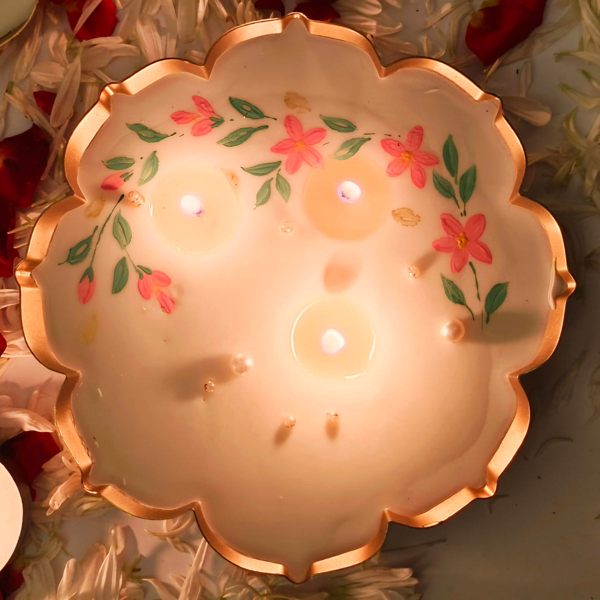 Hand-Painted Lotus Urli Scented Candles for Diwali Decoration & Gift | Gold and Pink Floral Design with Pearl | Festive Home Décor, Aromatic Candles, Traditional Decorative Set (Set of 3)