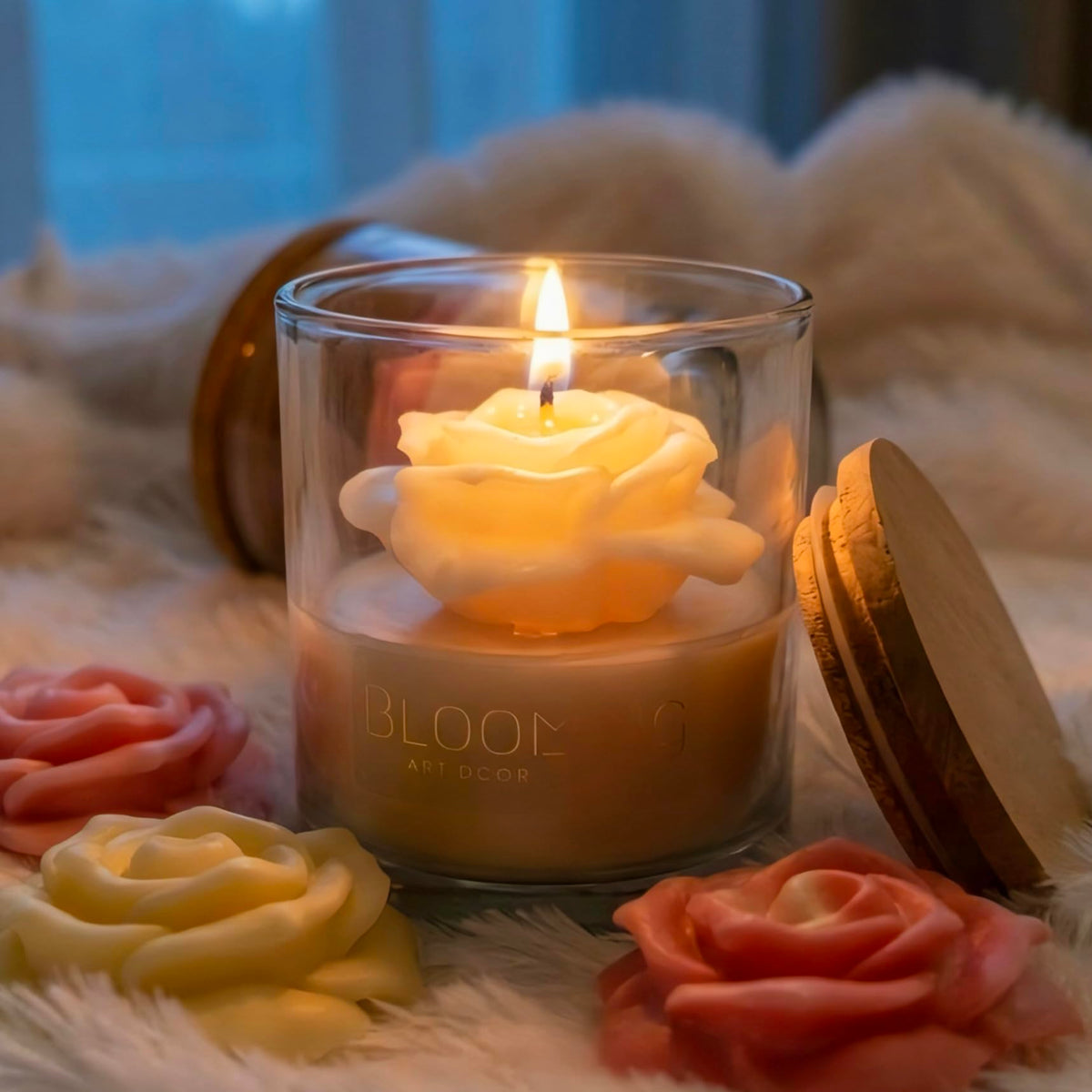 Blooming artdcor Rose Shaped Candle in Glass Jar with Wooden Lid, Peach and Pink, Medium, Handmade Floral, Indoor Home Decor