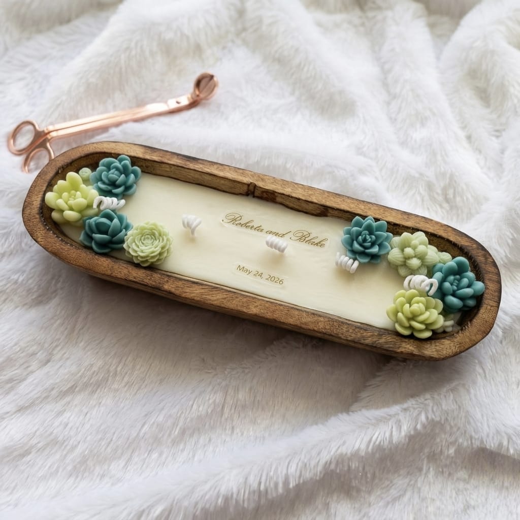 Personalized Succulent Dough Bowl Candle – 12x4 Custom Wooden Candle (Lavender Scent)