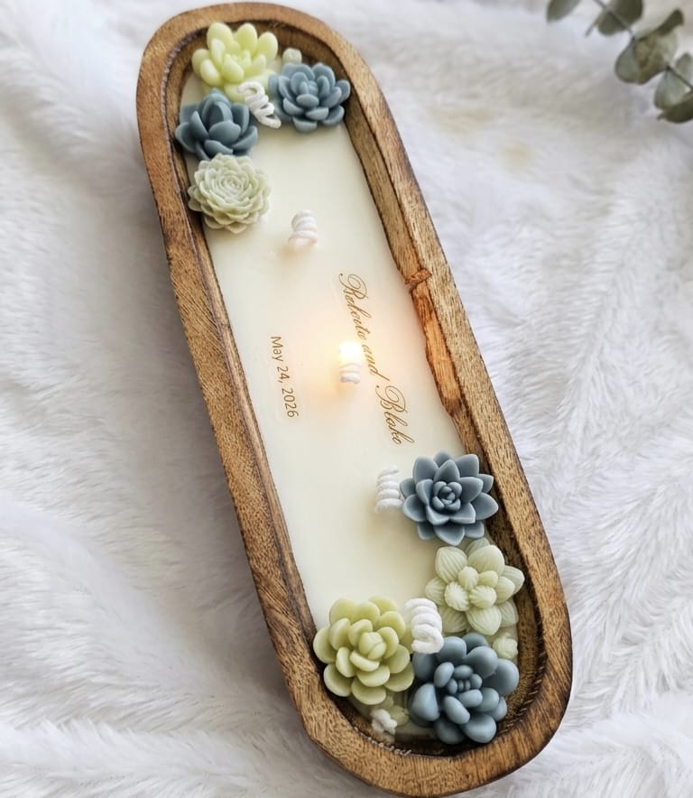 Personalized Succulent Dough Bowl Candle – 12x4 Custom Wooden Candle (Lavender Scent)