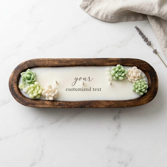 Personalized Succulent Dough Bowl Candle – 12x4 Custom Wooden Candle (Lavender Scent)