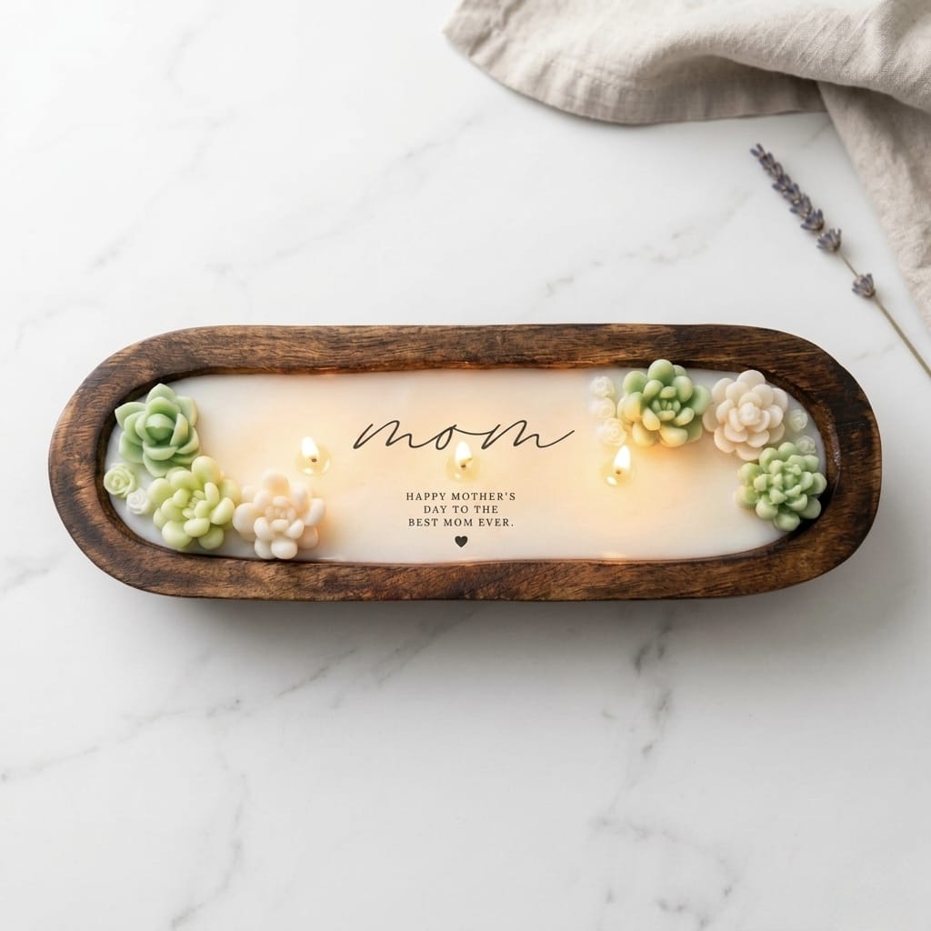 Personalized Succulent Dough Bowl Candle – 12x4 Custom Wooden Candle (Lavender Scent)