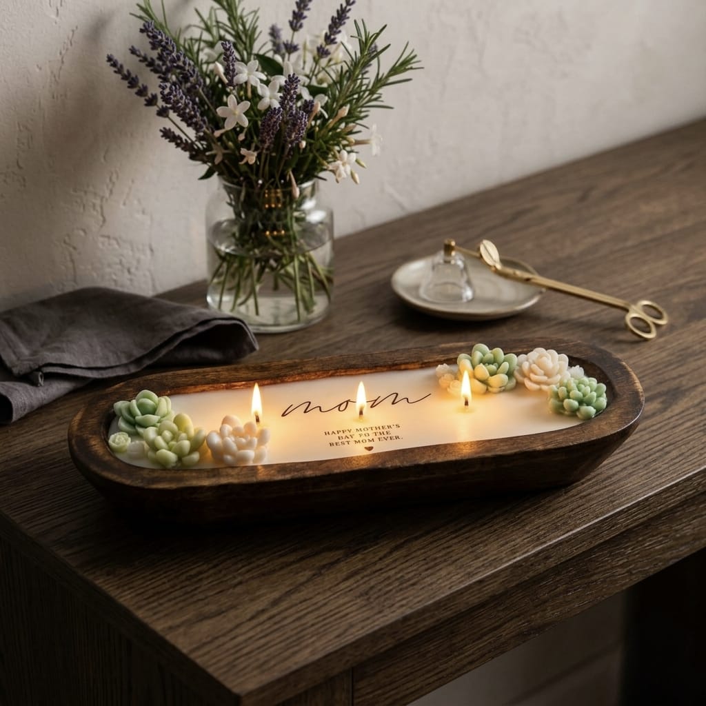 Personalized Succulent Dough Bowl Candle – 12x4 Custom Wooden Candle (Lavender Scent)