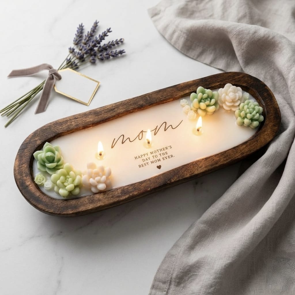 Personalized Succulent Dough Bowl Candle – 12x4 Custom Wooden Candle (Lavender Scent)