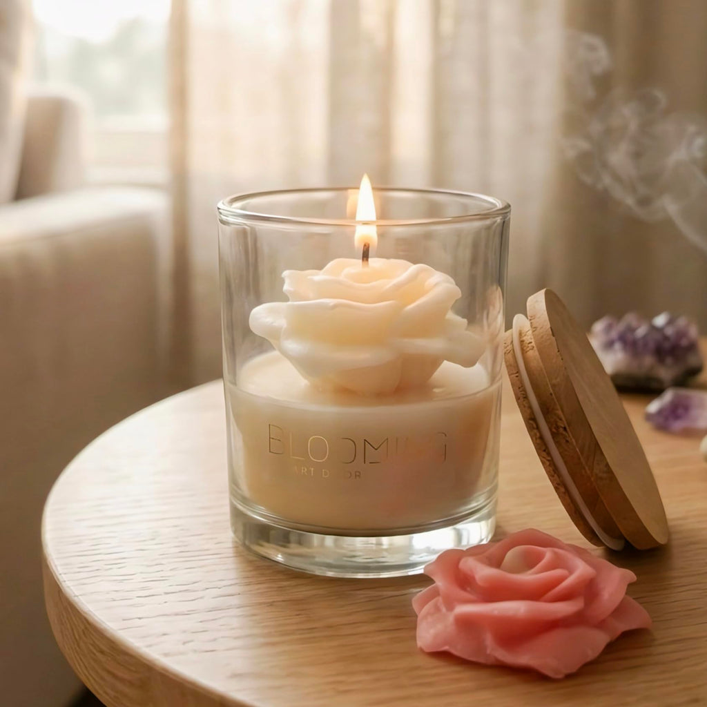 Blooming artdcor Rose Shaped Candle in Glass Jar with Wooden Lid, Peach and Pink, Medium, Handmade Floral, Indoor Home Decor