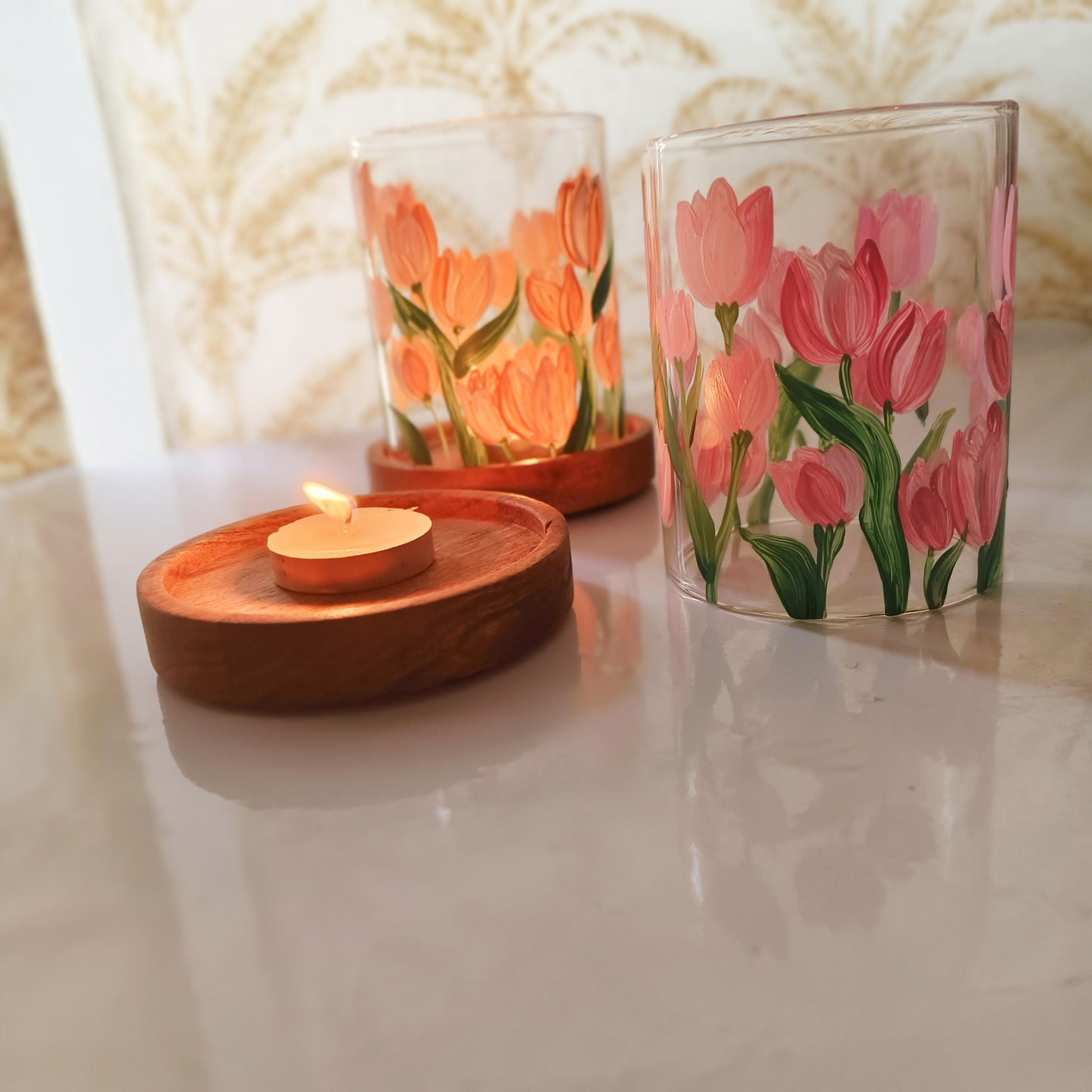 Hand-Painted Tea Light Holder, Christmas decor, personalized gift, Home decor, candle holder, Glass Chimney with Wooden Stand