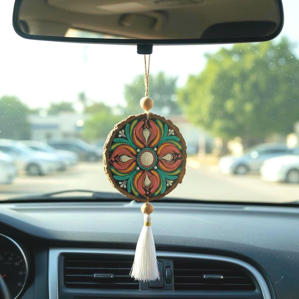 Hand-Painted Mandala Car Charm, Rear View Mirror Hanging charm