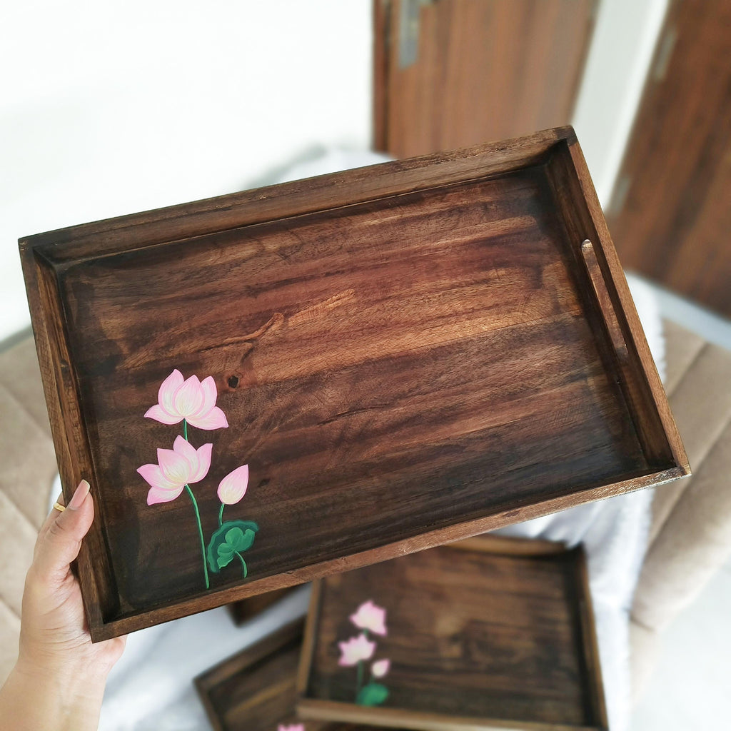 Wooden Serving Tray | hand-painted Pichwai Lotus | Personalized gift | Home and living | Home decor | India Art |