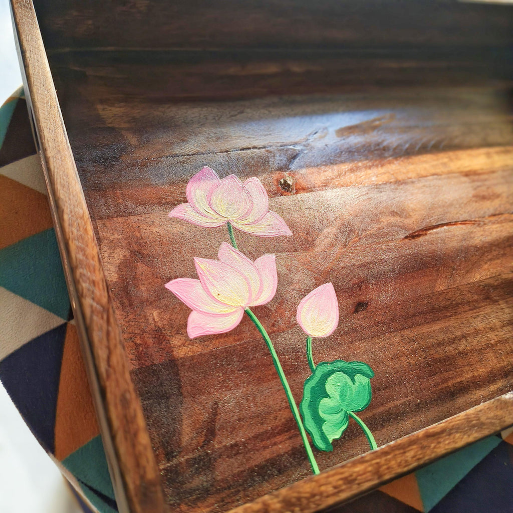 Wooden Serving Tray | hand-painted Pichwai Lotus | Personalized gift | Home and living | Home decor | India Art |