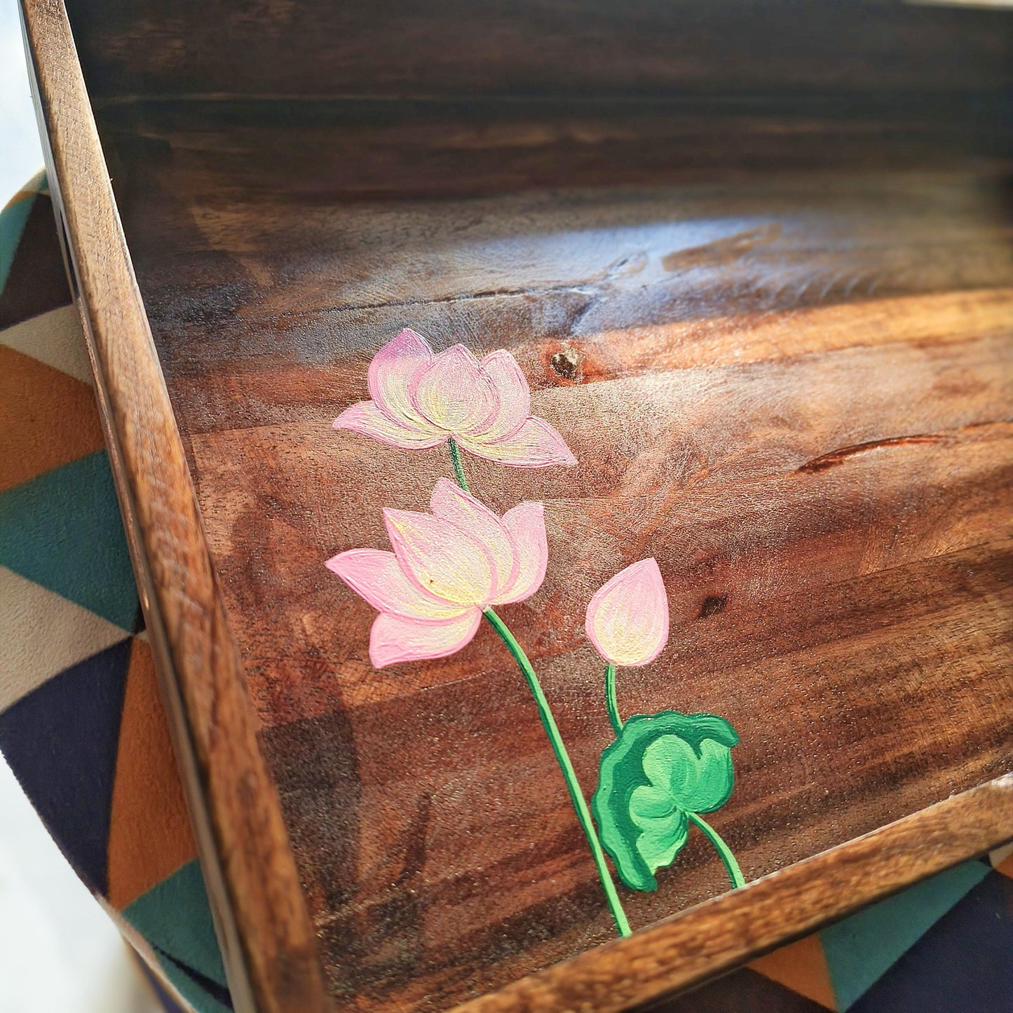 Wooden Serving Tray | hand-painted Pichwai Lotus | Personalized gift | Home and living | Home decor | India Art |