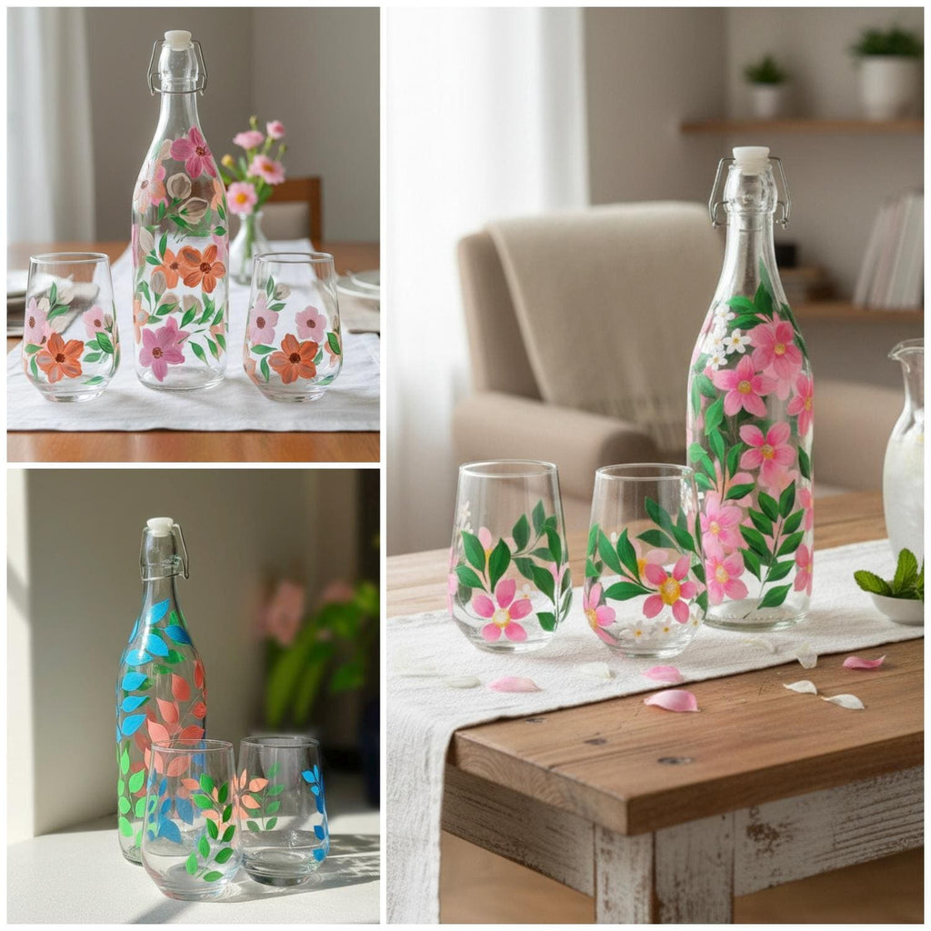 Handpainted Leafy pattern Glassware Set | Bottle and Tumblers, Gift set