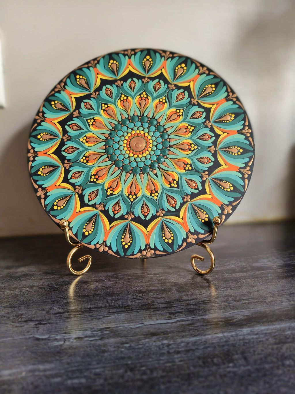 Original Hand-Painted Dot Art Mandala | 8 Inch, Olive Green | with gold metal Stand