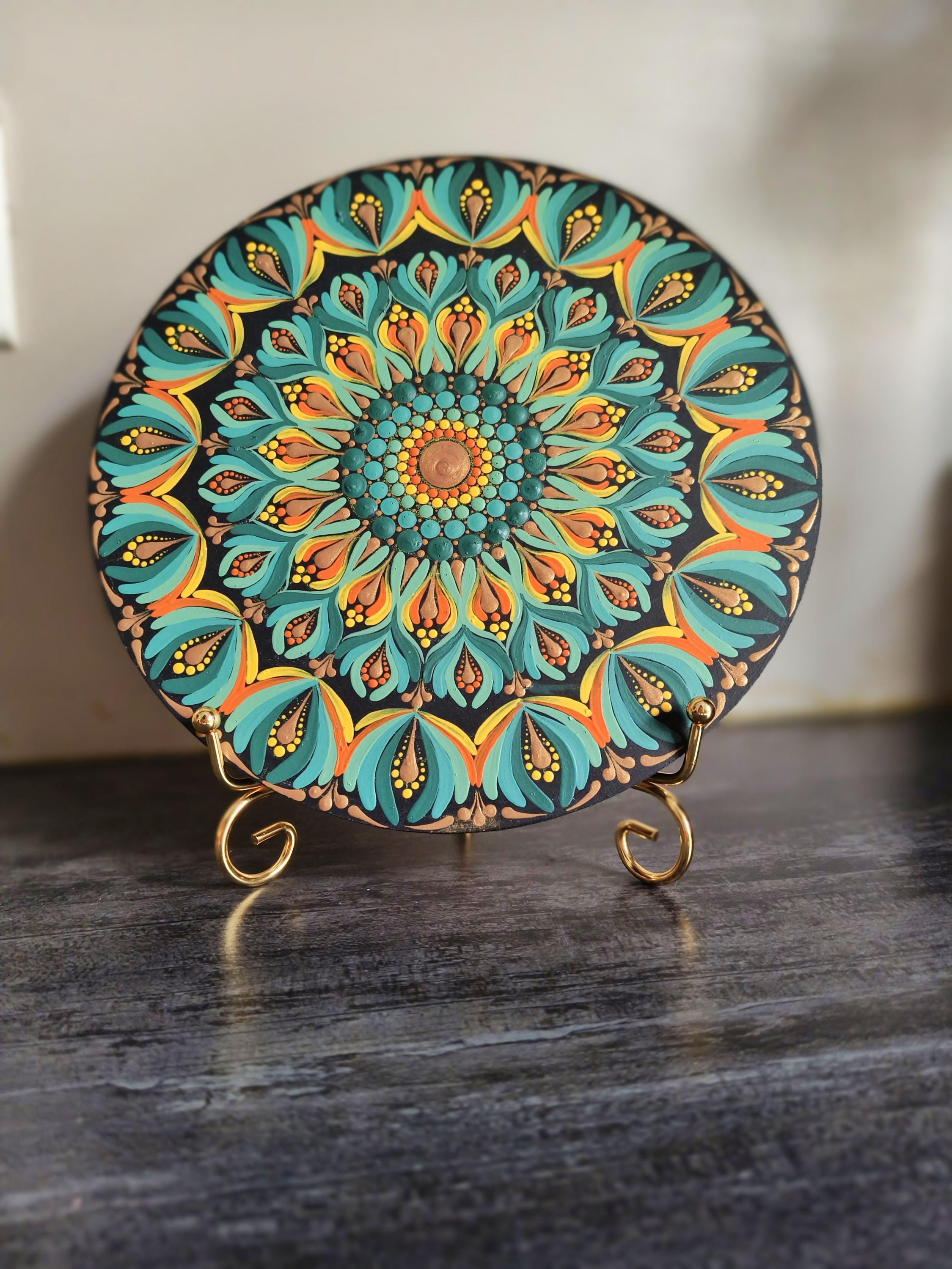Original Hand-Painted Dot Art Mandala | 8 Inch, Olive Green | with gold metal Stand