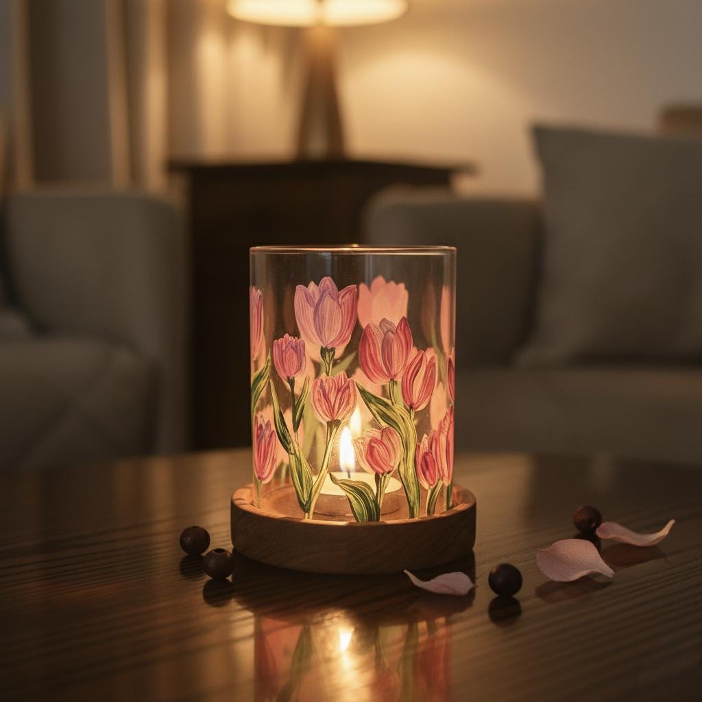 Hand-Painted Tea Light Holder, Christmas decor, personalized gift, Home decor, candle holder, Glass Chimney with Wooden Stand
