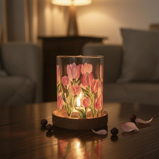 Hand-Painted Tea Light Holder, Christmas decor, personalized gift, Home decor, candle holder, Glass Chimney with Wooden Stand