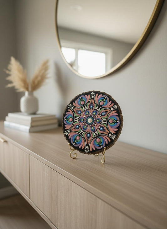 Hand-Painted Dot Mandala Art | Pastel Wood Slice with Gold Stand