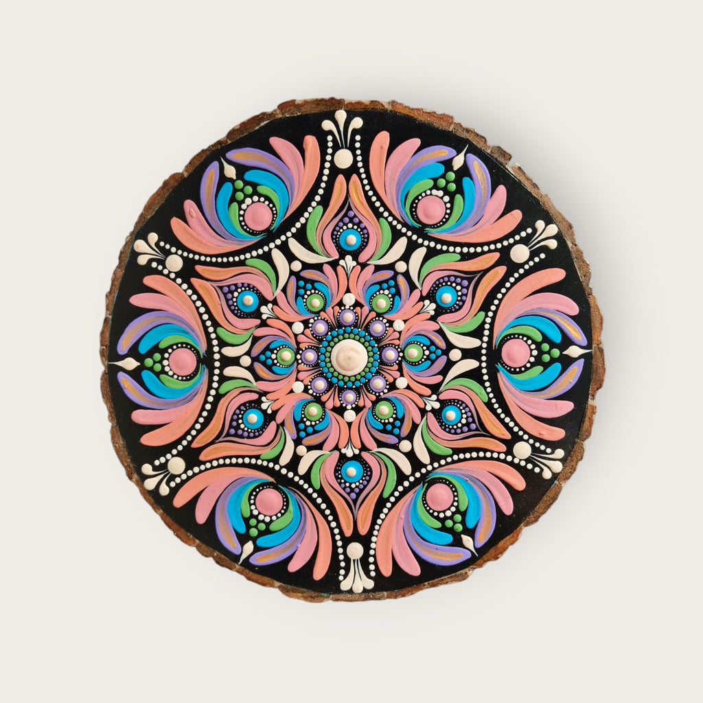 Hand-Painted Dot Mandala Art | Pastel Wood Slice with Gold Stand