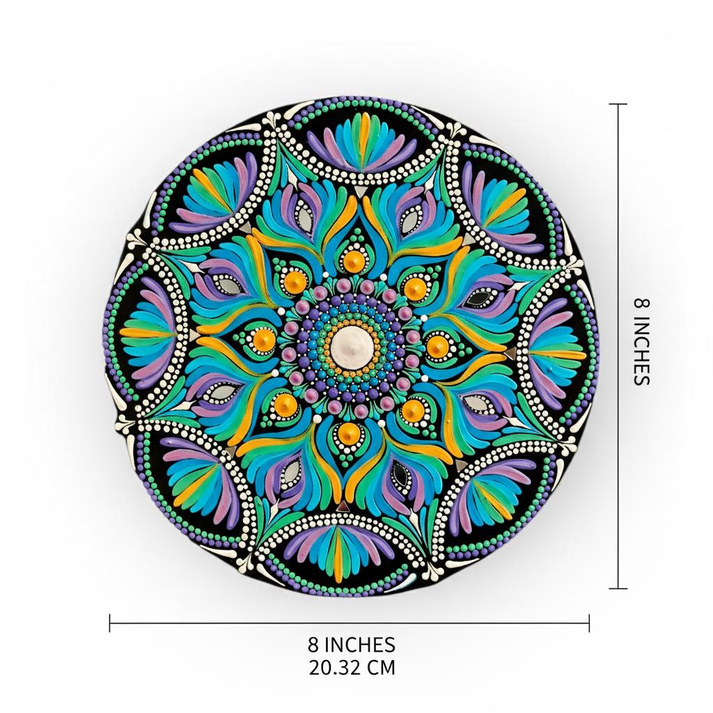 Original Hand-painted Dot Mandala Painting | 8-Inch Purple Blue Yellow Boho Decor with gold metal stand - Table Centerpiece