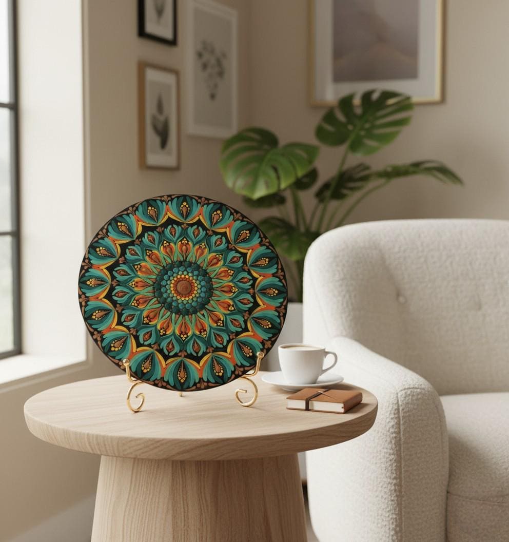 Original Hand-Painted Dot Art Mandala | 8 Inch, Olive Green | with gold metal Stand