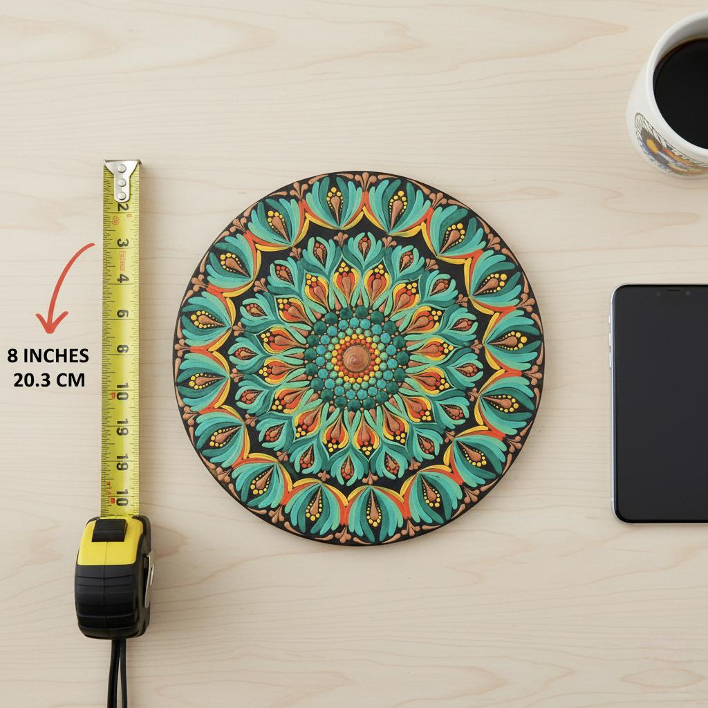 Original Hand-Painted Dot Art Mandala | 8 Inch, Olive Green | with gold metal Stand