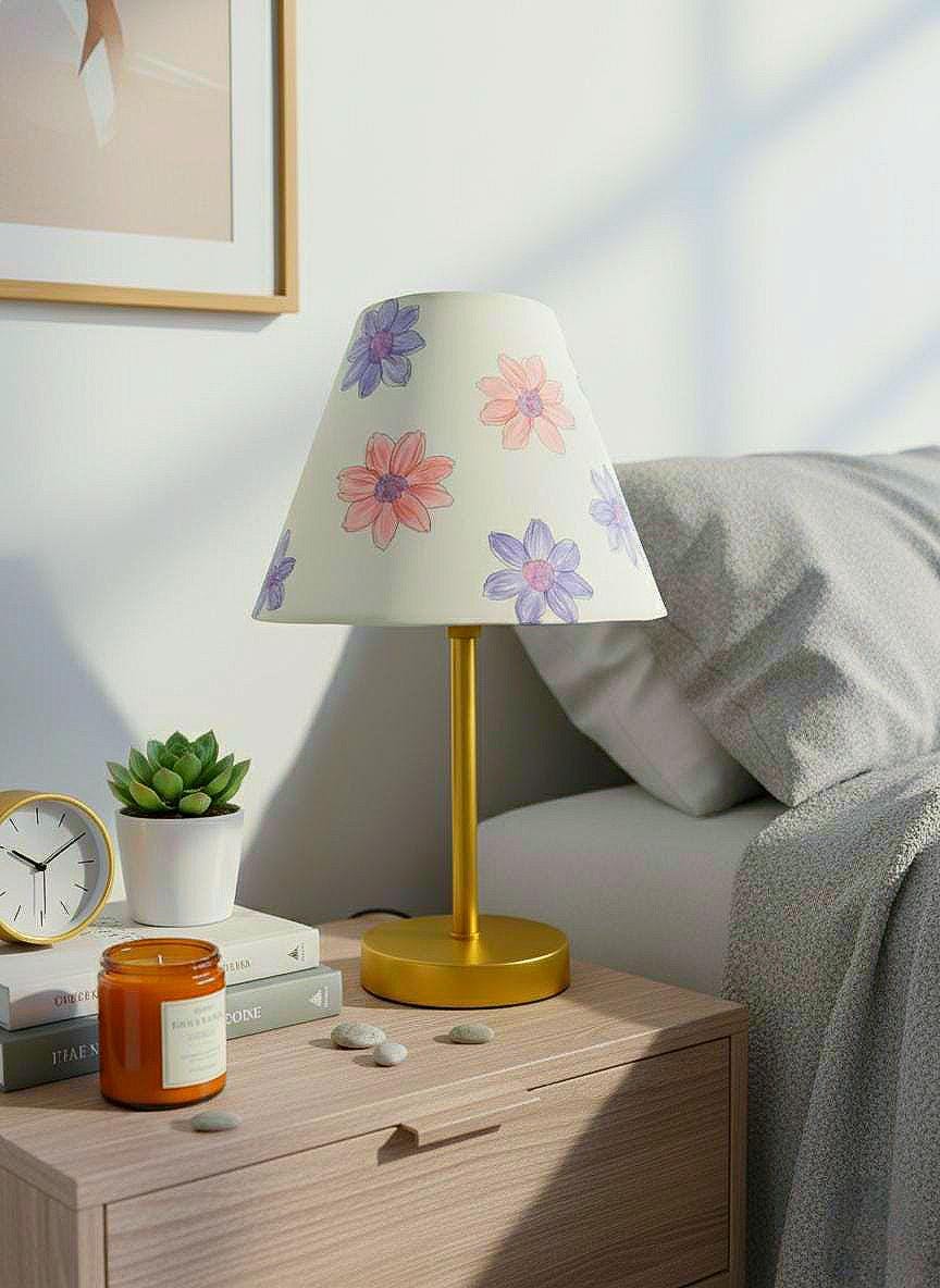 Hand-Painted Pastel Table Lamp, Brass Stand, Boho Home Decor
