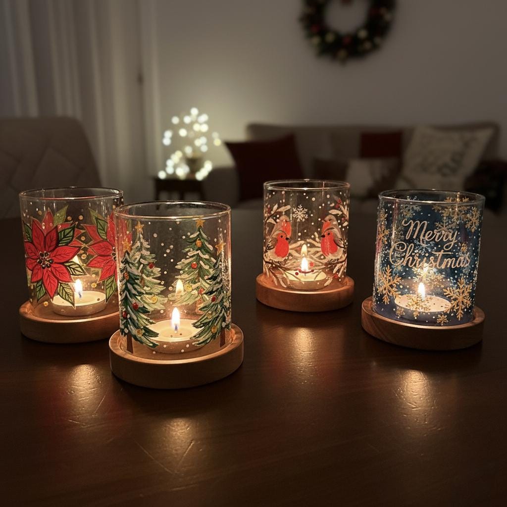 Hand-Painted Tea Light Holder, Christmas decor, personalized gift, Home decor, candle holder, Glass Chimney with Wooden Stand